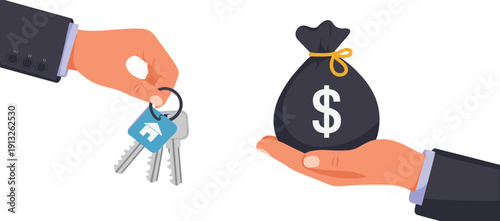 Keys for money exchange illustration representing real estate transaction property sale rental agreement and financial deal concept in flat design style
