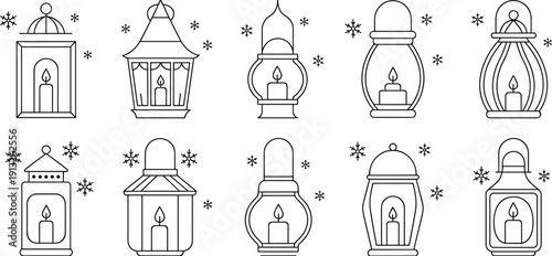 Winter lantern illustration set festive candle lamps holiday decoration line art collection snowflake seasonal decorative lighting vintage style artwork