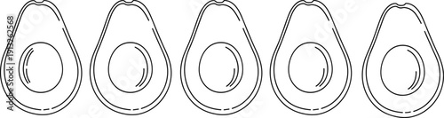 Minimal avocado slice line art illustration set showing fresh organic fruit halves for healthy food, vegan lifestyle, nutrition, and modern kitchen design