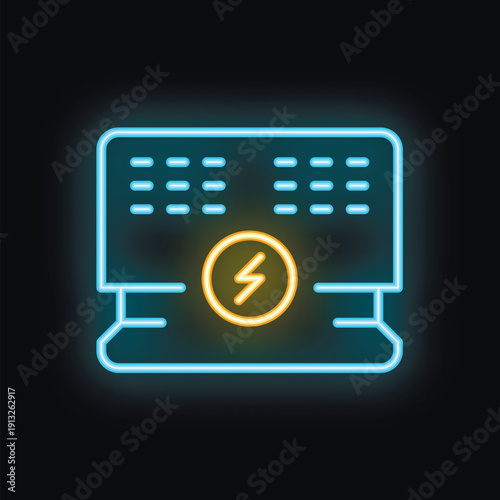 Blue and yellow neon sign showing a mining rig working in a mining farm to mine cryptocurrency