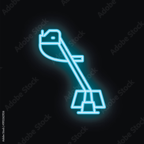 Glowing blue neon icon of a string trimmer on a black background, perfect for design projects related to gardening and landscaping