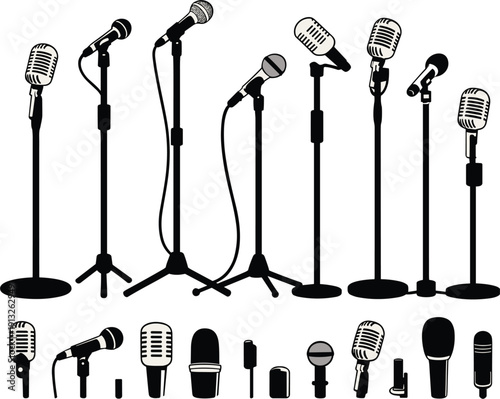 Comprehensive collection of microphone silhouettes for broadcasting, podcasting, and live music.