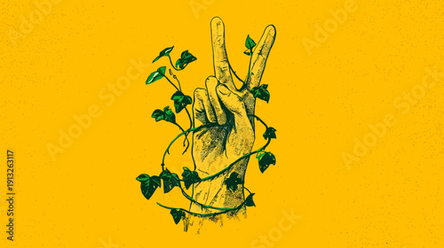 Hand in a peace sign pose encircled with vines and leaves on a speckled golden backdrop