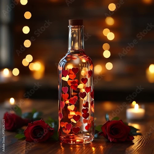 Romantic Bottle Filled with Heart Shaped Decorations and Rose Petals on Wooden Table with Warm