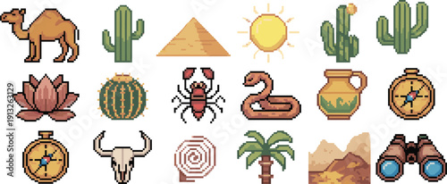 Pixel art desert icons set with cactus, camel, snake, pyramid, sun, and oasis elements isolated on white background for retro game and UI design