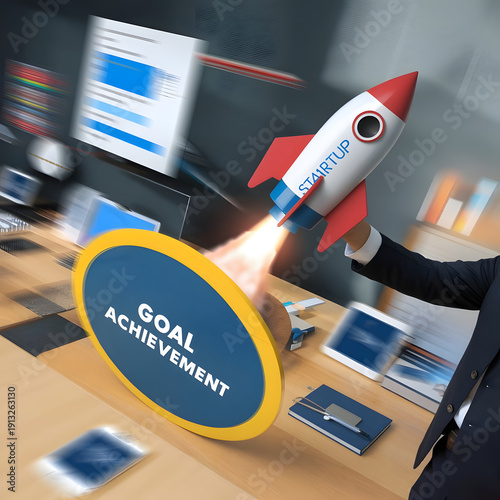 Businessman launching startup rocket icon toward target, representing business growth, innovation, future strategy, goal achievement, and success in digital transformation.
