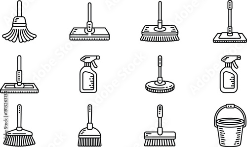 Detailed collection of essential cleaning tools and sanitation supplies represented by minimalist black outline icons, featuring mops, brushes, spray bottles, and utility buckets.