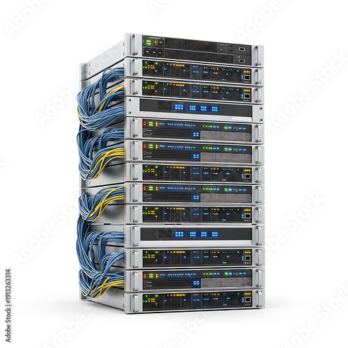 Stack of server racks with organized blue and yellow network cables