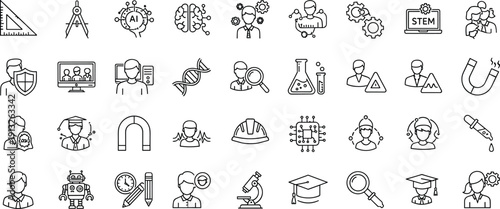 education, science, technology, engineering, mathematics, stem, ai, research, laboratory, innovation, learning, student, teacher, experiment, robotics, chemistry, physics, biology, icon, illustration