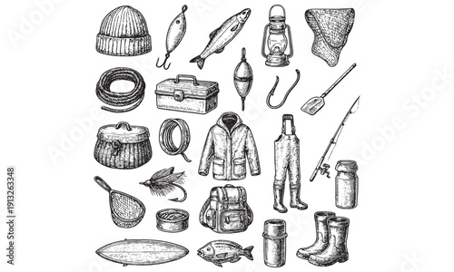 Hand Drawn Winter Fishing Hunting Outdoor Gear Vector Set