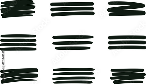 Versatile dark marker stroke collection featuring nine unique hand-drawn scribble and underline elements, isolated on white for authentic graphic emphasis.