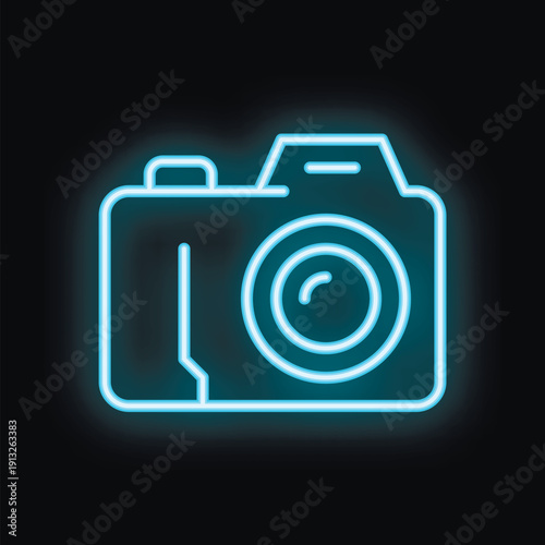 Cuadro en lienzo Blue neon camera icon glowing on a dark background, perfect for any photography