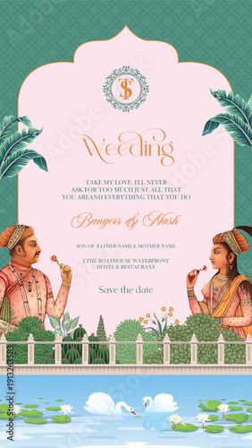 Traditional Indian Mughal wedding invitation card design. Mughal king and queen invitation card template.
