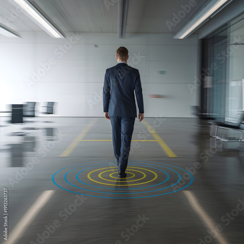 Businessman launching startup rocket icon toward target, representing business growth, innovation, future strategy, goal achievement, and success in digital transformation.