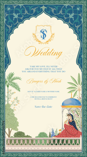 Traditional Indian Mughal wedding invitation card design. Traditional Mughal Queen sitting in garden invitation card template.