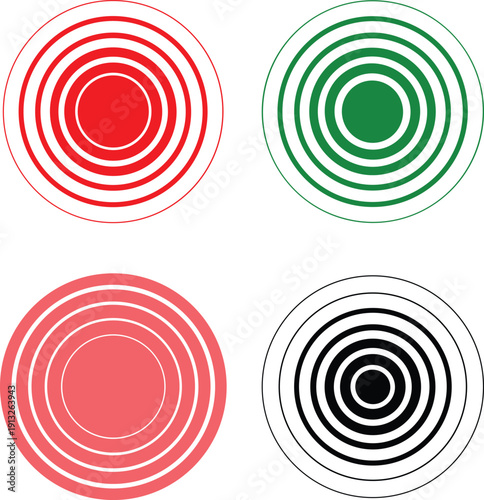 Set of four vector icons featuring radiating concentric circles in red, green, pink, and black, symbolizing chronic pain, target focus, or wireless signal strength.