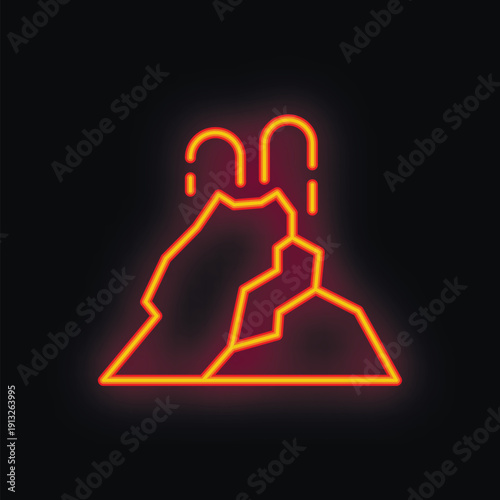 Bright neon icon of an erupting volcano with lava, rocks, and smoke