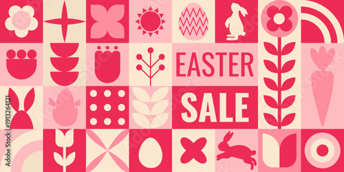 Easter Sale banner. Easter celebration visuals with gentle pink color palette and motifs