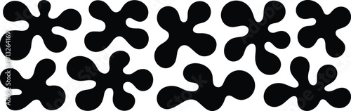 Trendy black and white vector pattern featuring scattered irregular organic blobs and flowing amoeba shapes, creating a groovy, minimalist retro background design.
