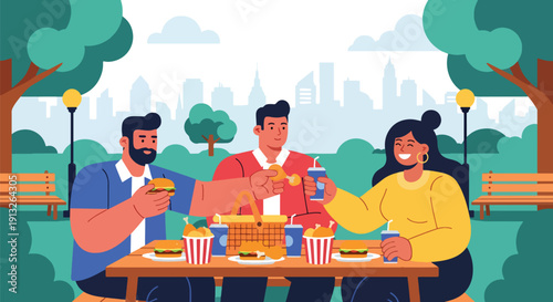 Modern flat vector illustration of overweight friends sharing burgers and fried chicken outdoors, showing social fast food lifestyle and body diversity concept