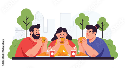 Modern flat vector illustration of overweight friends sharing burgers and fried chicken outdoors, showing social fast food lifestyle and body diversity concept