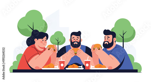 Modern flat vector illustration of overweight friends sharing burgers and fried chicken outdoors, showing social fast food lifestyle and body diversity concept