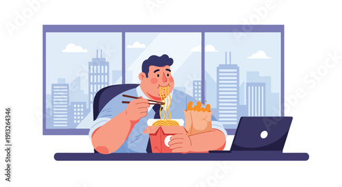 Flat vector illustration of overweight office worker eating takeaway noodles and snacks at desk, showing unhealthy work lifestyle and fast food habit