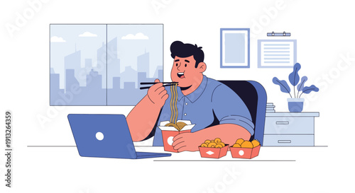 Flat vector illustration of overweight office worker eating takeaway noodles and snacks at desk, showing unhealthy work lifestyle and fast food habit