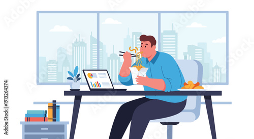 Flat vector illustration of overweight office worker eating takeaway noodles and snacks at desk, showing unhealthy work lifestyle and fast food habit