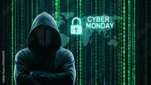 Cybersecurity Expert in Hoodie with Digital Background Cyber Monday Concept