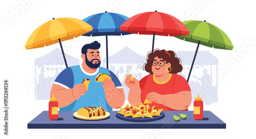Flat vector illustration of overweight friends eating tacos and nachos at street stall, showing casual fast food lifestyle