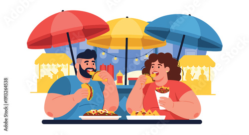 Flat vector illustration of overweight friends eating tacos and nachos at street stall, showing casual fast food lifestyle