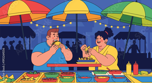 Flat vector illustration of overweight friends eating tacos and nachos at street stall, showing casual fast food lifestyle