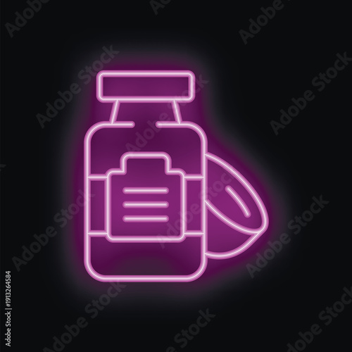 Glowing purple neon icon of a medicine bottle with blank label for prescription information and pills