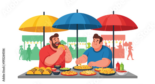 Flat vector illustration of overweight friends eating tacos and nachos at street stall, showing casual fast food lifestyle