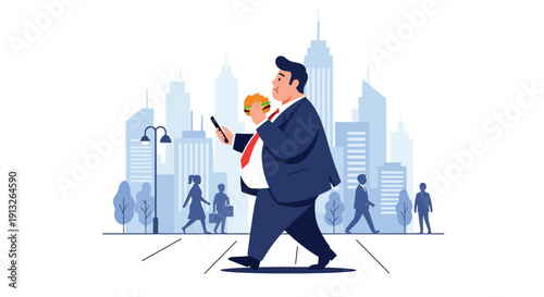 Modern flat vector illustration of overweight businessman eating burger while walking, showing busy lifestyle and unhealthy diet