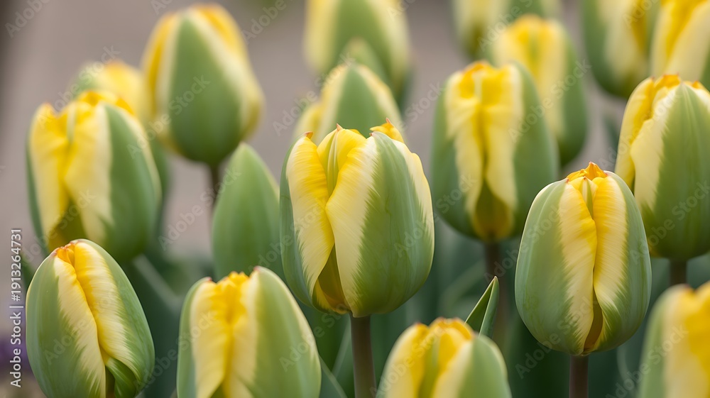 Fototapeta premium Fresh Yellow & Green Variegated Tulips Blooming in a Spring Garden