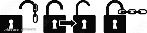 Security lock and unlock icon set showing access control, protection states, password safety, and data security concepts