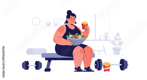 Modern flat vector illustration of plus-size woman eating fries and salad in gym lounge, showing balance and unhealthy habits