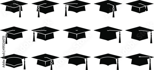 Graduation cap silhouettes set, mortarboard icons collection, education academic achievement symbols, black flat design illustration, isolated vector for students celebration