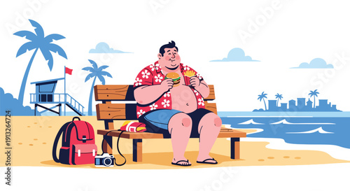 Flat vector illustration of overweight tourist eating fast food on beach bench, showing vacation junk food lifestyle