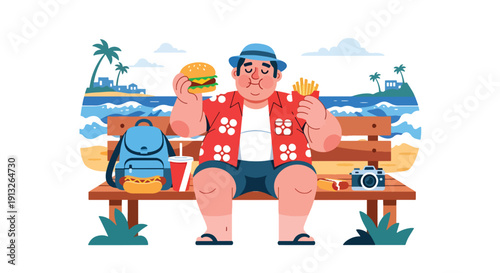 Flat vector illustration of overweight tourist eating fast food on beach bench, showing vacation junk food lifestyle