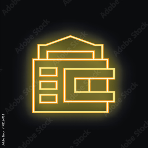 Neon sign illustrating a multistory building with glowing windows on a black background