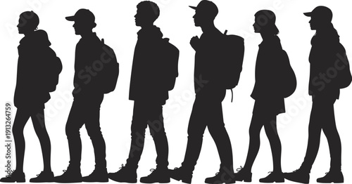 Group of hikers silhouettes with backpacks, walking in line, outdoor adventure, trekking journey, teamwork, exploration concept, isolated on white background