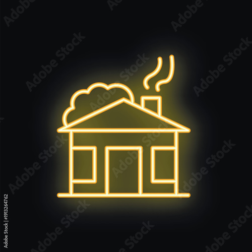 Yellow neon sign depicting a cozy house with smoke coming from its chimney, perfect for themes of home, warmth, and comfort