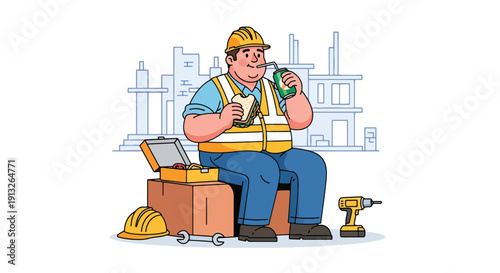 Modern flat vector illustration of overweight construction worker eating sandwich and soda, showing calorie-heavy work meal