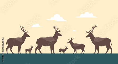 Peaceful Deer Family (Buck, Doe, Fawn) Standing in a Minimalist Grassy Landscape under Cloudy Sky