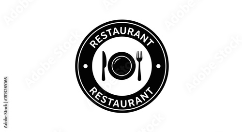 Restaurant Sign with Plate, Fork, and Knife in a Circle Frame, Isolated White Background