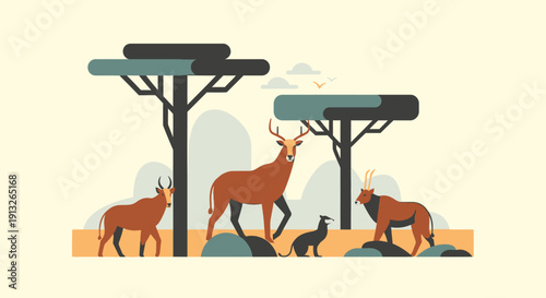 African Savanna Landscape with Antelopes, a Wild Cat, and Iconic Acacia Trees Under a Clear Sky