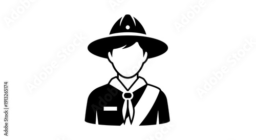 Silhouette Icon of a Young Scout Person in Uniform with Hat and Scarf, Isolated White Background